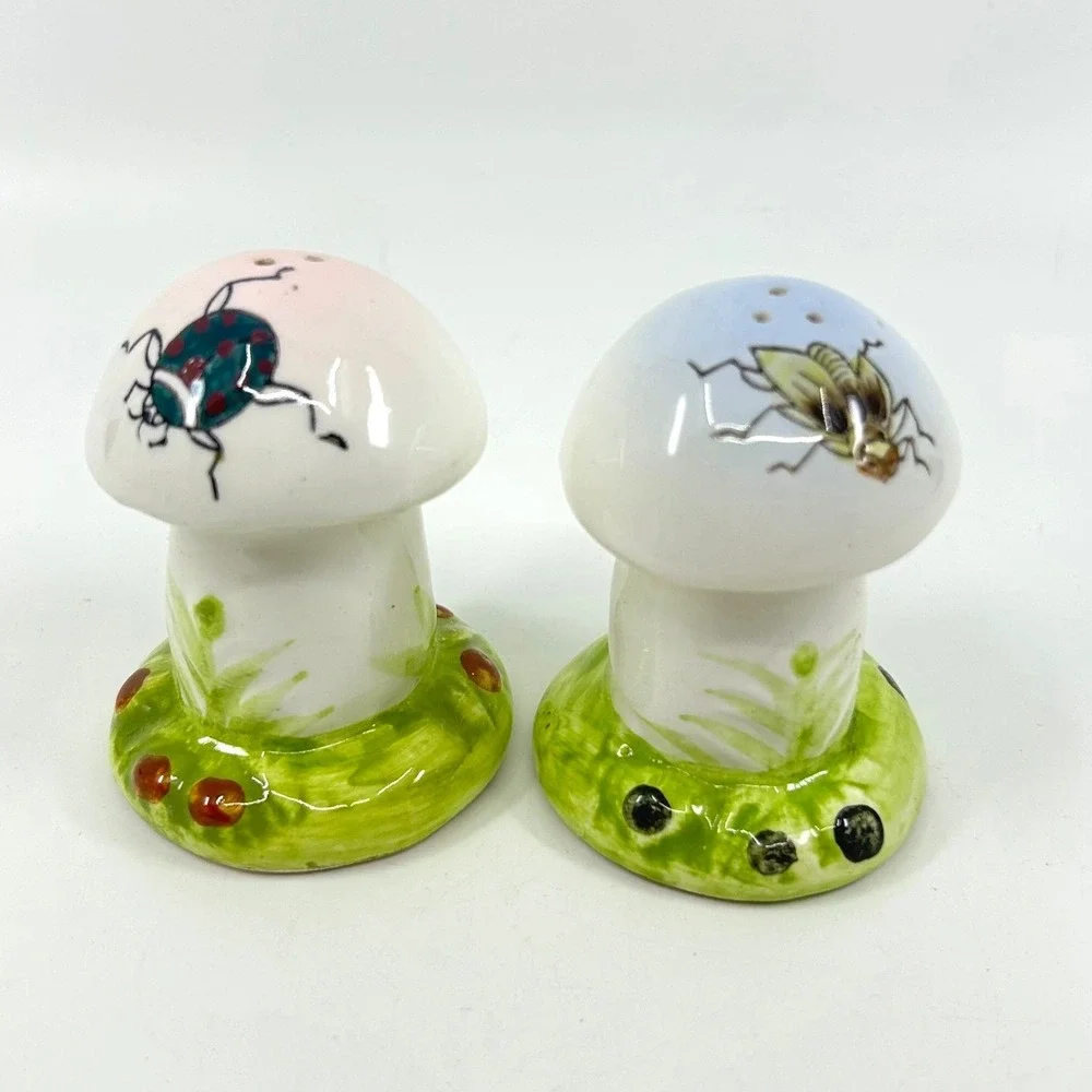 Vintage Mushroom Japan Ceramic Salt & Pepper Shakers Bug Whimsical Forest Decor